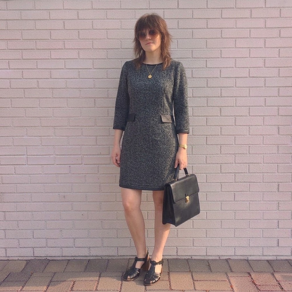 Molly Bracken Tweed Sheath Dress Womens Small Gray Faux Leather Twee Mod Office